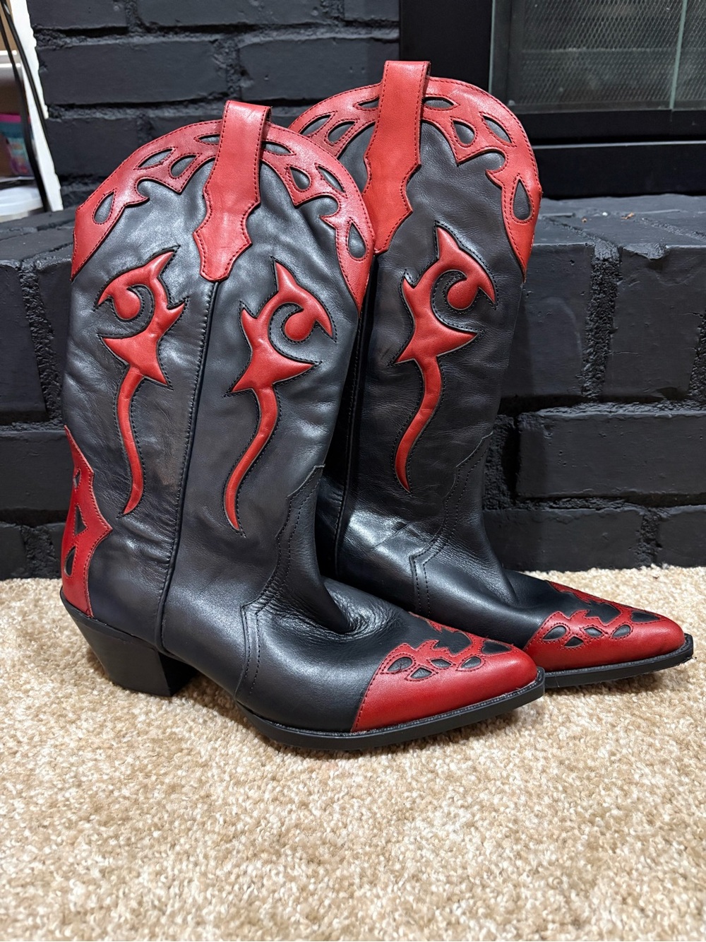 Reba Black and Red Leather Western Heeled Boots